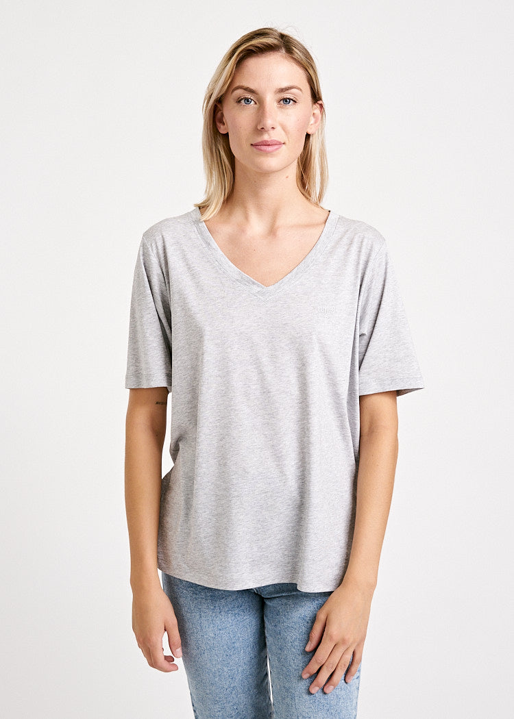 LADIES WOODSHIRT V-NECK LOOSE LONGER GRAY MELANGE
