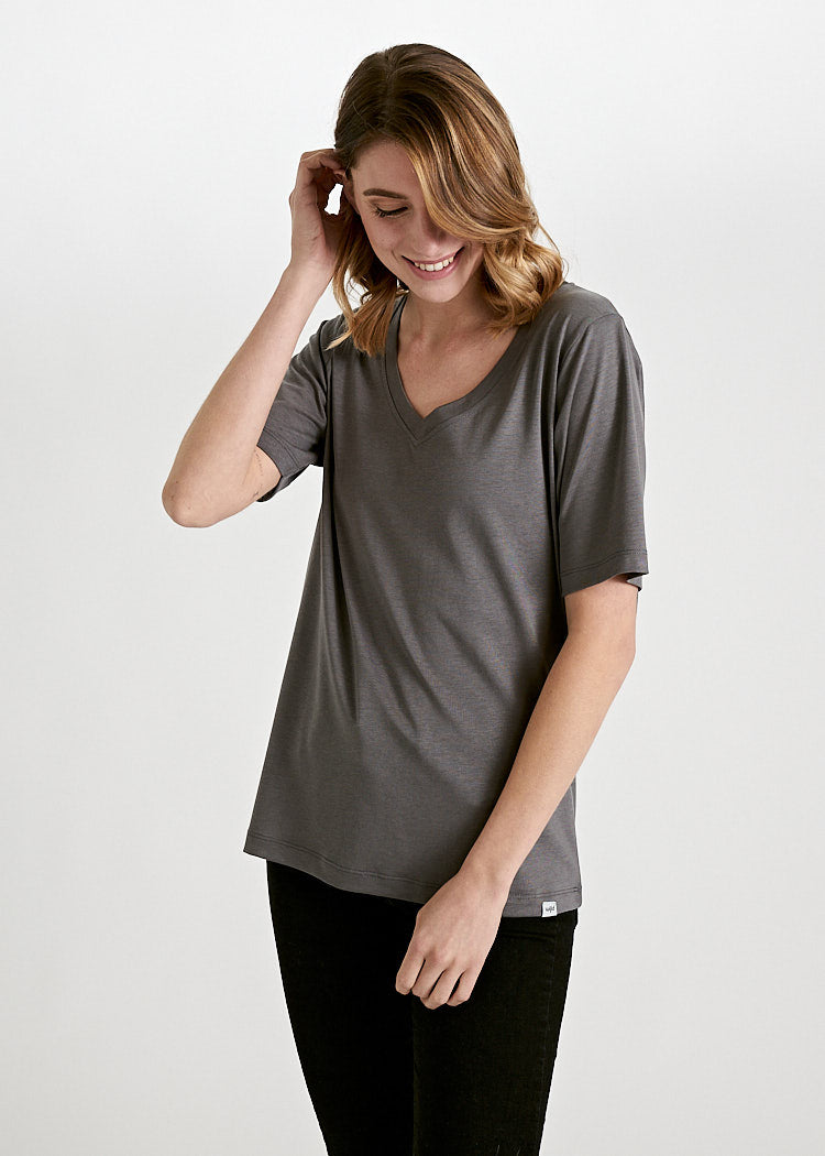 DAMEN WOODSHIRT V-AUSSCHNITT LOOSE LONGER FRIDA GRANIT