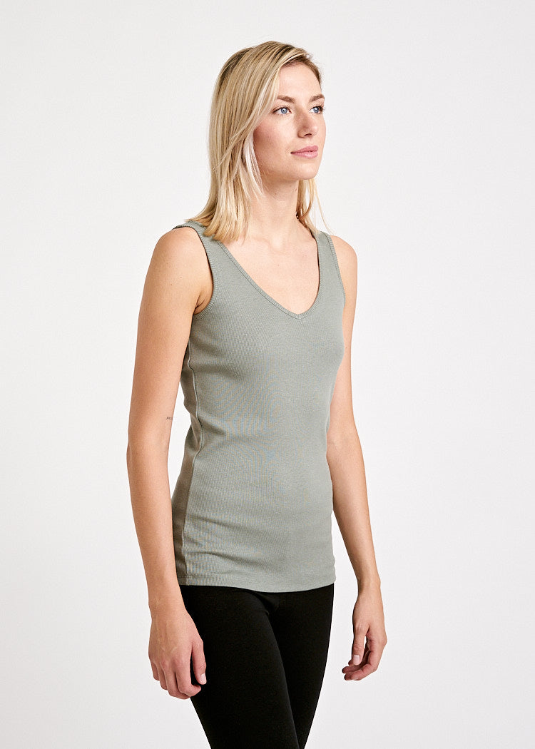 DAMEN RIPP TANK TOP V-AUSSCHNITTAGAVE GREEN