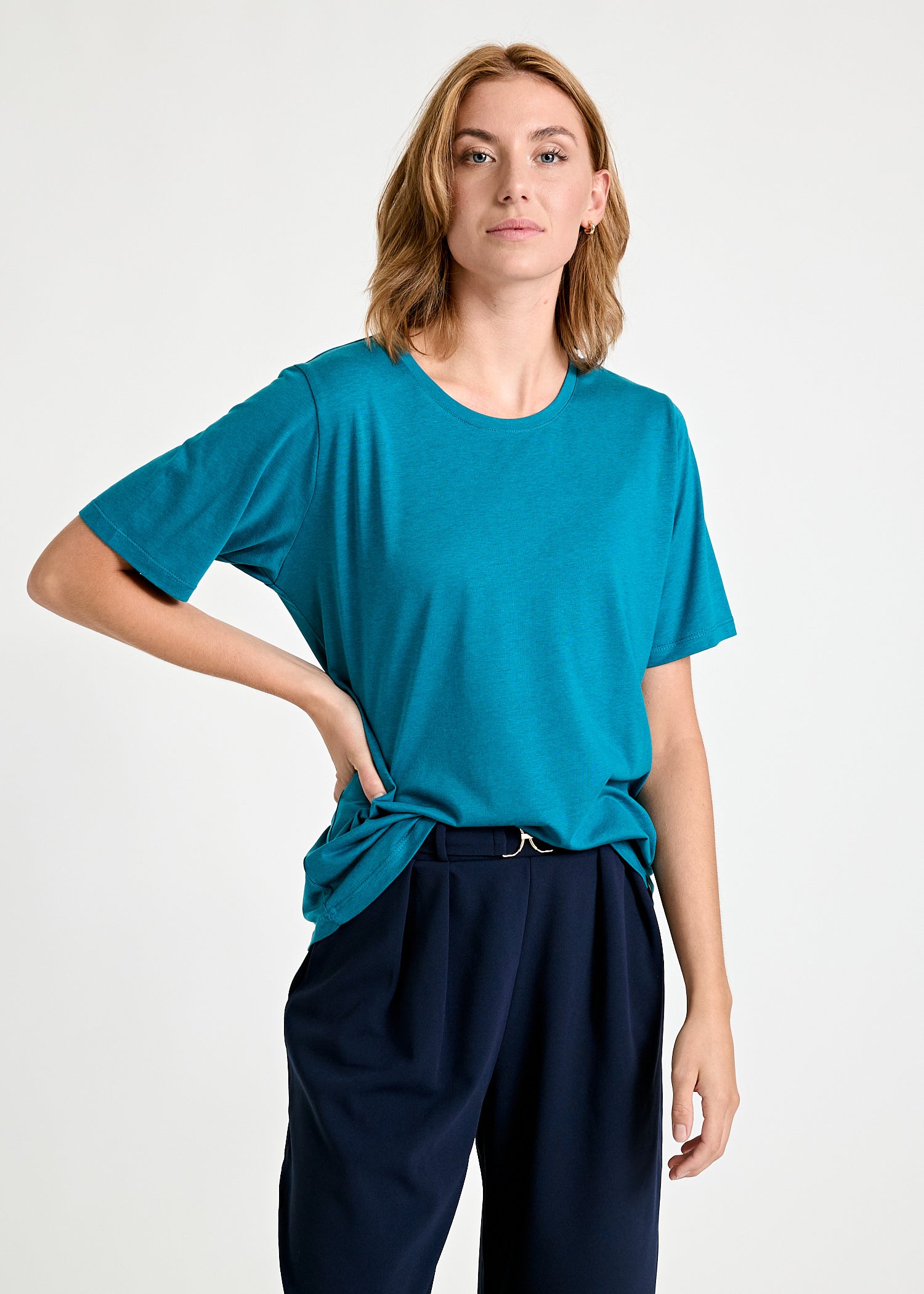 DAMEN WOODSHIRT LOOSE LONGER TILDA PETROL